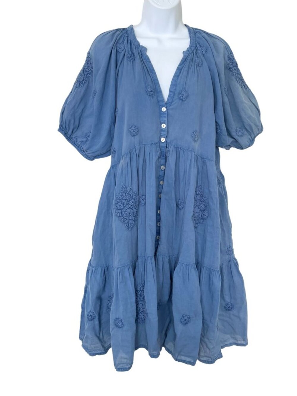 NWT Kyla Seo Elsa Blue Embroidered Cotton Dress Sz M  Tiered Gauze Boho Peasant